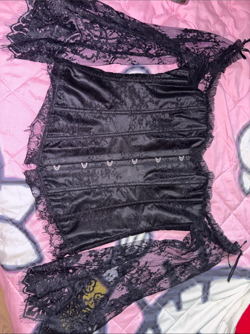 Black Lace Satin Corset Top with Sheer Lace Sleeves